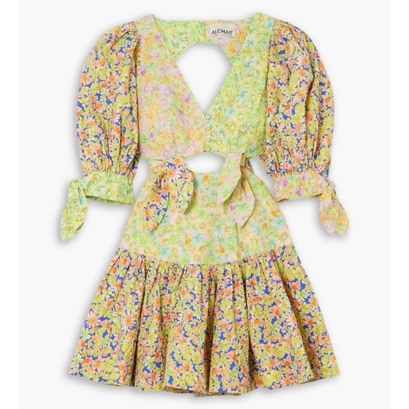 NWT ALEMAIS Daisy Spliced Puff Short Sleeve Cutout Open Back Ruffle Hem Dress 0 - Picture 16 of 16